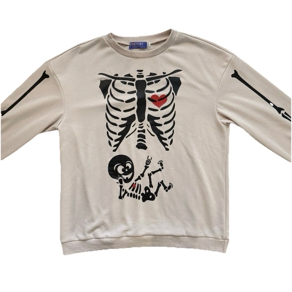 Maternity Halloween Skeleton Sweatshirt Women’s Large Beige Baby Bump Graphic